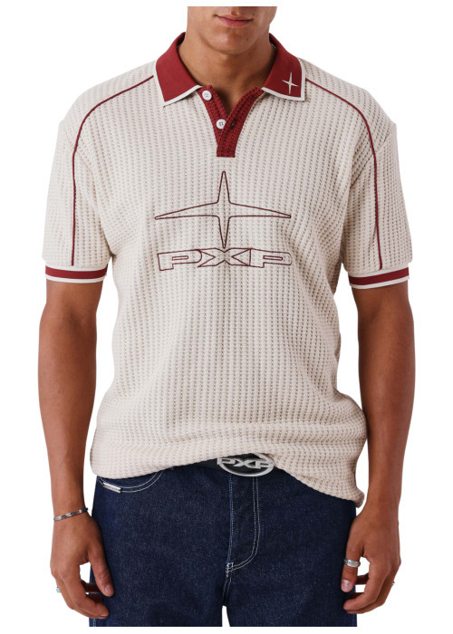 Polo en coton écru avec logo à coupe droite et à col boutonné