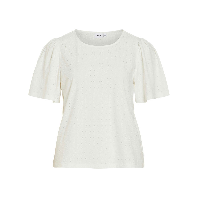 Vila - T-shirt Blanc Géométrique Avec Une Coupe Droite Et Un Col Rond - Blanc Vila - T-shirt Blanc Géométrique Avec Une Coupe Droite Et Un Col Rond - Blanc