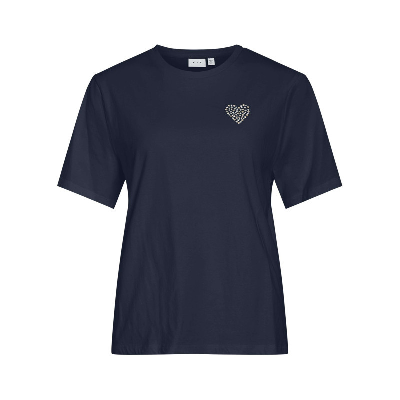 Vila - T-shirt En Coton Marine Uni Avec Une Coupe Droite Et Un Col Rond - Bleu Foncé Vila - T-shirt En Coton Marine Uni Avec Une Coupe Droite Et Un Col Rond - Bleu Foncé