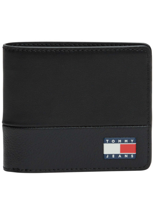 Portefeuille noir uni avec revêtement en grains et logo cousu