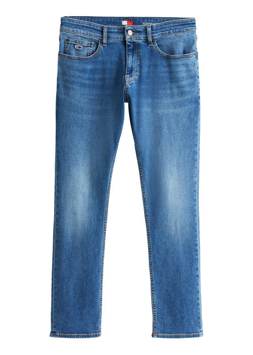 Jean en coton bleu uni avec une coupe slim à zip et à bouton