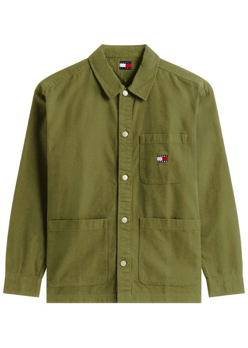 Chemise en coton kaki unie avec une coupe droite et un col à revers