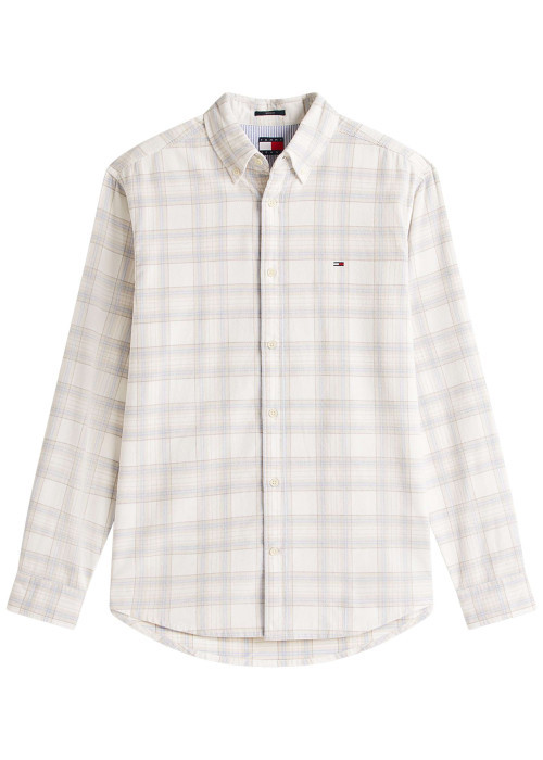 Chemise en coton écrue à carreaux avec une coupe droite et un col à revers