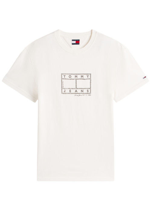 T-shirt en coton écru à imprimé avec une coupe droite et un col rond