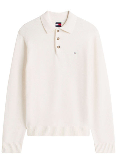 Pull en coton biologique écru uni avec une coupe droite et un col à revers