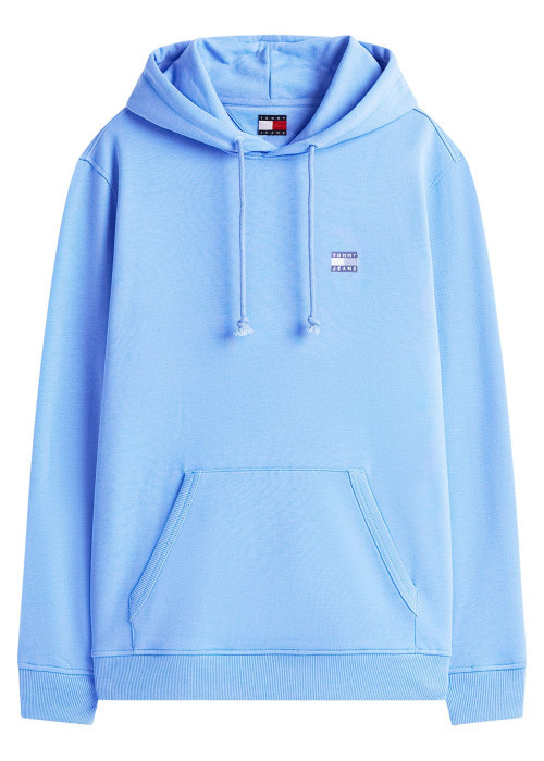 Sweat bleu uni avec une coupe droite et un col à capuche avec cordon de serrage
