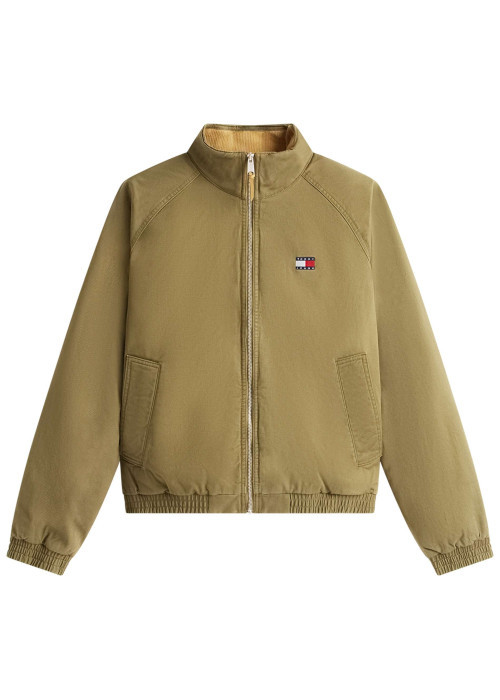 Blouson en coton biologique kaki uni avec une coupe droite et un col montant