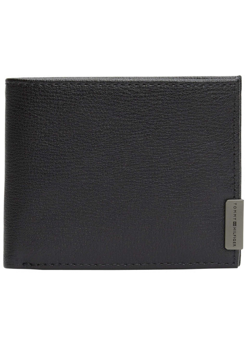 Portefeuille en cuir noir aspect grainé pourvu d'une plaque embossée
