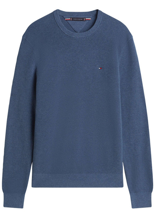 Pull en coton biologique bleu à coupe ajustée pourvu d'un col rond