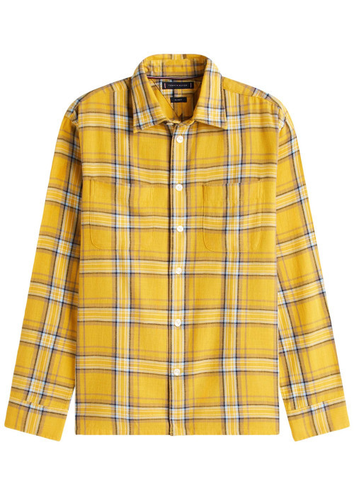 Chemise en coton biologique jaune à carreaux pourvue d'un col à revers