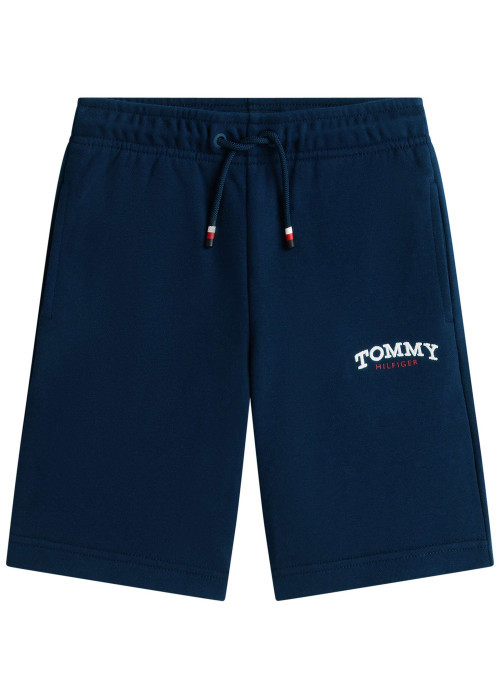 Short en coton mélangé marine à coupe droite pourvu de poches plaquées