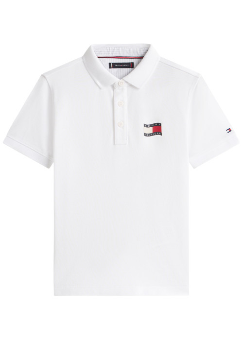 Polo en coton blanc à coupe droite pourvu d'un col à revers boutonné