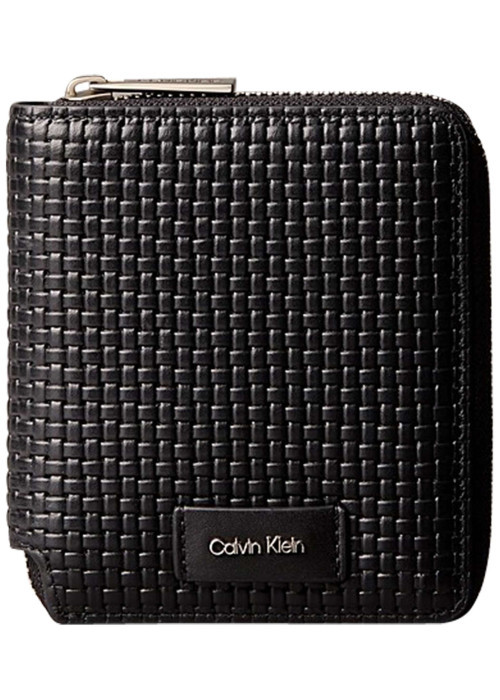 Portefeuille en cuir noir uni avec maille tressée et rangements