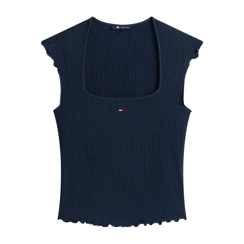 Tommy Jeans - Top Marine Uni En Maille Gaufrée Avec Une Coupe Moulante Et Un Col Carré - Bleu Foncé