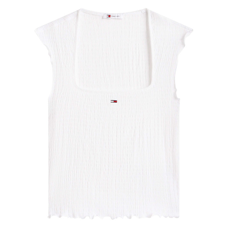 Tommy Jeans - Top Blanc Uni En Maille Gaufrée Avec Une Coupe Moulante Et Un Col Carré - Blanc