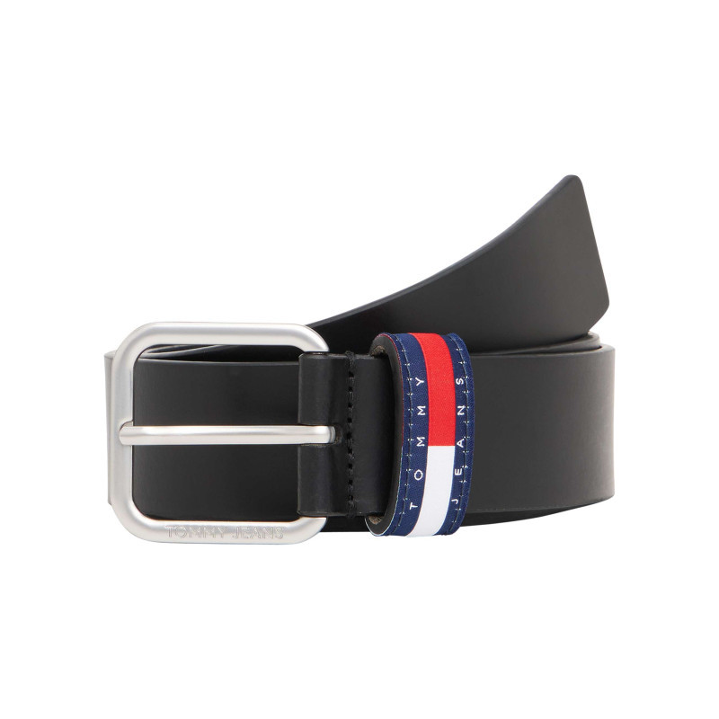 Tommy Jeans - Ceinture En Cuir De Buffle Noire Unie Avec Une Boucle Carrée Argentée - Noir