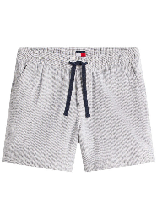 Short Jogging en lin et coton marine à motifs chinés avec une taille élastiquée