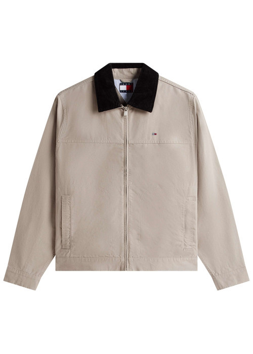 Blouson en coton biologique taupe uni avec une coupe droite et un col à revers