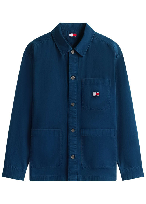 Chemise en coton marine uni avec une coupe droite et un col à revers
