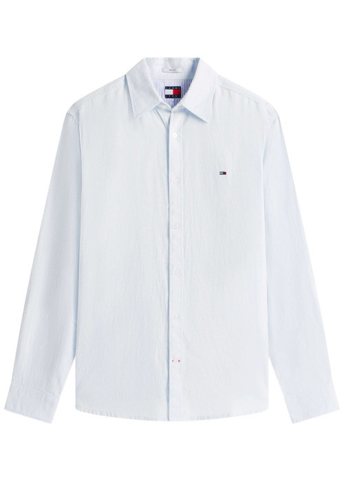 Chemise en lin et coton bleu clair unie avec une coupe droite et un col à revers