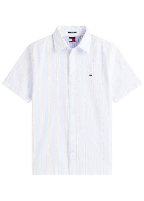 Chemise en coton bleu clair à rayures avec une coupe droite et un col à revers