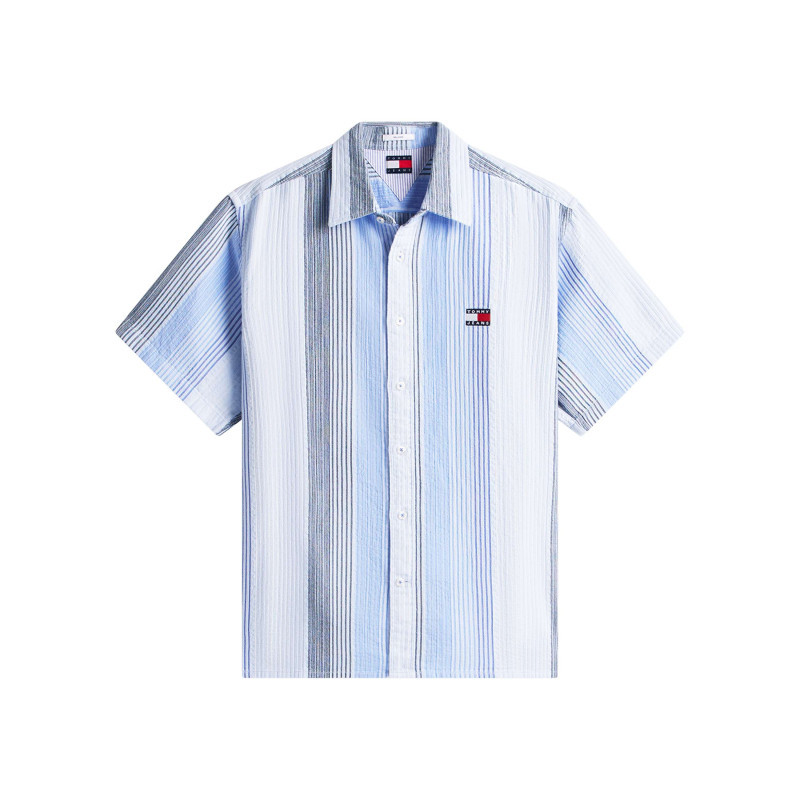 Tommy Jeans - Chemise En Coton Bleu Clair à Rayures Avec Une Coupe Droite Et Un Col à Revers - Bleu Clair