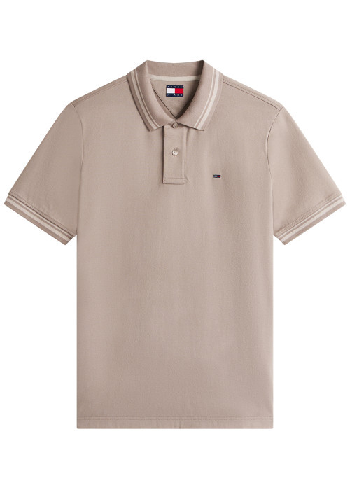 Polo en coton taupe uni avec une coupe droite et un col à revers