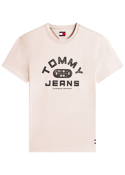 T-shirt en coton beige imprimé avec une coupe droite et un col rond