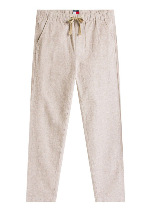 Pantalon Chino en lin et coton taupe uni avec une coupe droite