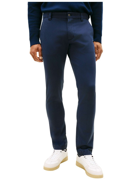 Pantalon Chino en coton marine uni avec une coupe slim à zip et à bouton