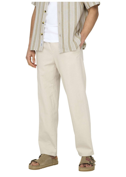 Pantalon Jogging en coton et lin mélangé écru uni avec une coupe droite