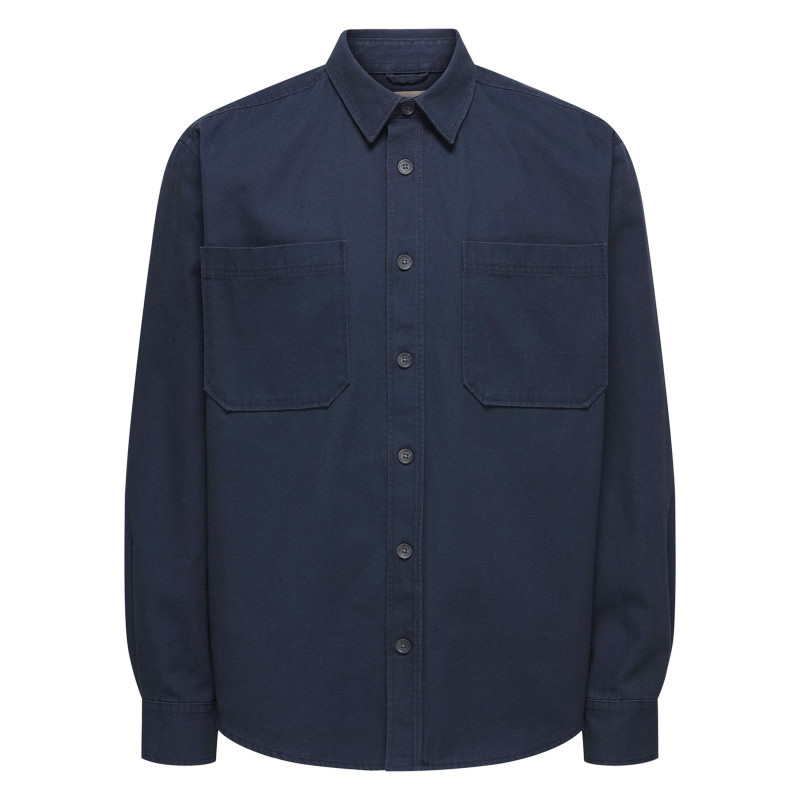 Only&sons - Chemise Indigo Unie En Coton Avec Une Coupe Droite Et Un Col à Revers - Bleu Foncé Only&sons - Chemise Indigo Unie En Coton Avec Une Coupe Droite Et Un Col à Revers - Bleu Foncé