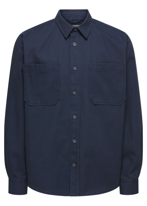 Chemise indigo unie en coton avec une coupe droite et un col à revers