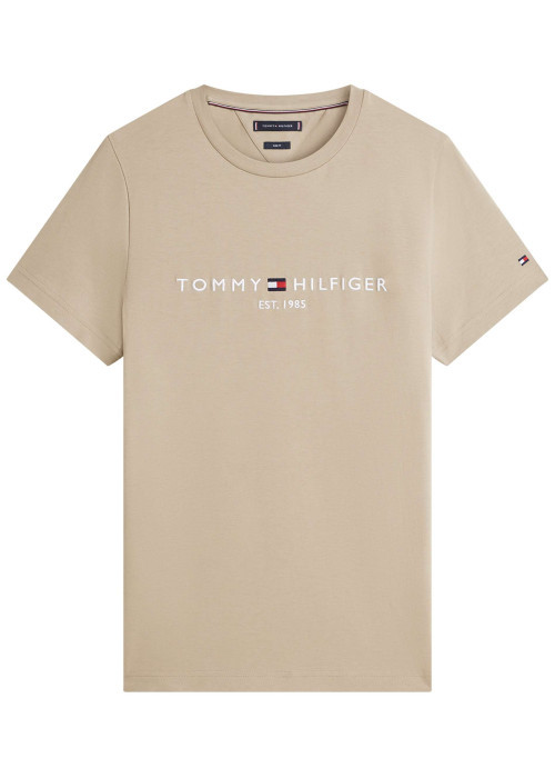 T-shirt en coton beige à coupe droite pourvu d'un col rond finement côtelé