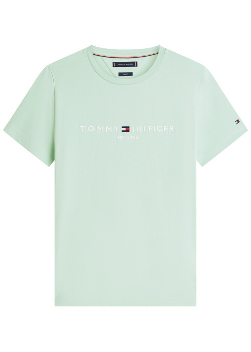 T-shirt en coton vert d'eau à coupe droite pourvu d'un col rond finement côtelé