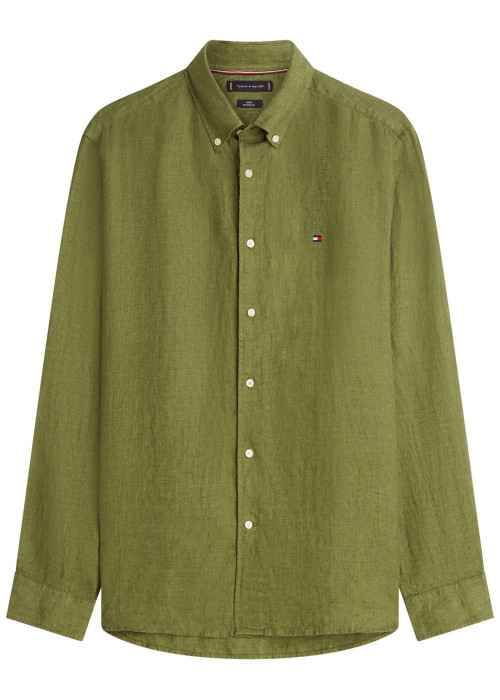 Chemise en lin kaki à coupe droite pourvue d'un col boutonné