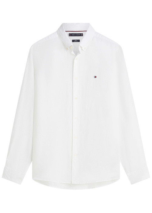 Chemise en lin blanche à coupe droite pourvue d'un col boutonné
