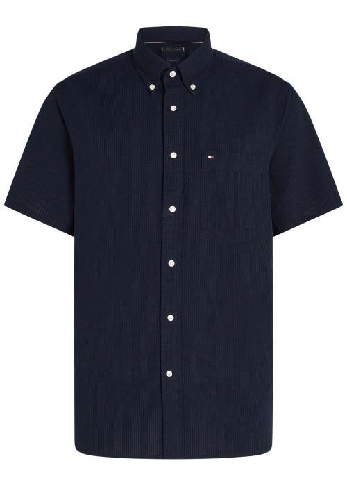 Chemise en coton marine en maille texturée pourvue d'un col à revers