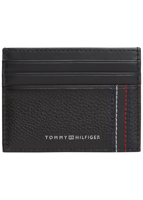 Porte-cartes en cuir noir aspect grainé pourvu du nom de la marque