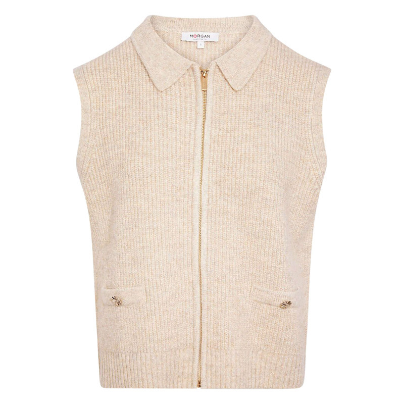 Morgan - Gilet Beige Uni Avec Une Coupe Droite Et Un Col à Revers Avec Zip - Beige
