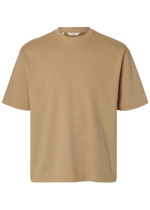 T-shirt beige uni coupe ample avec un col rond...