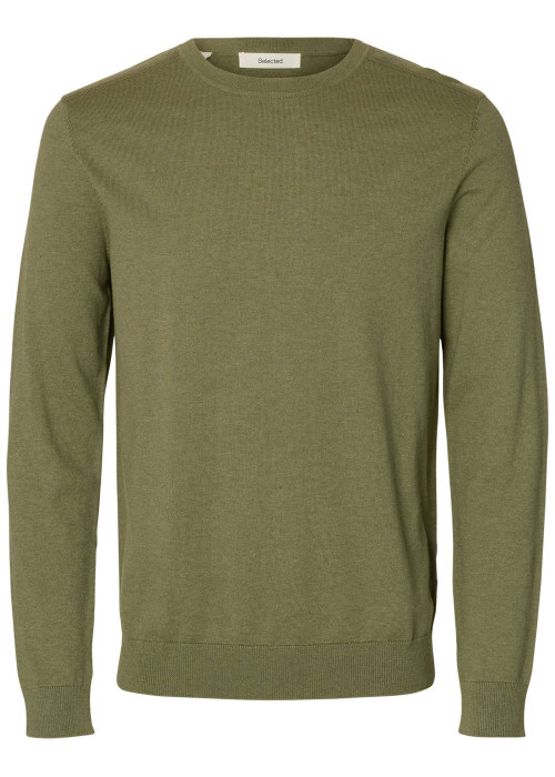 Pull en coton kaki uni avec une coupe droite et des manches longues