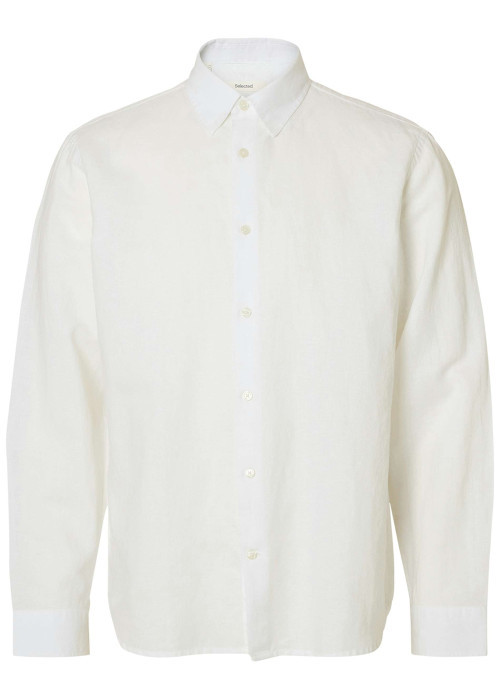Chemise en lin et coton blanche uni avec une coupe ajustée et un col boutonné