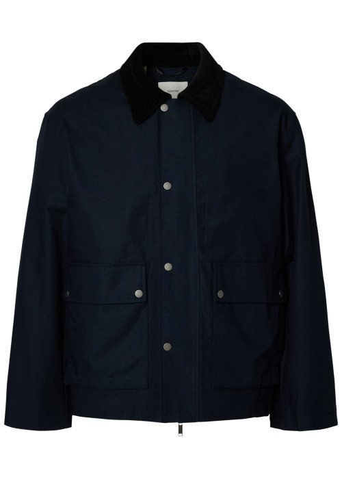 Parka en coton biologique marine uni avec une coupe ajustée et un col à revers