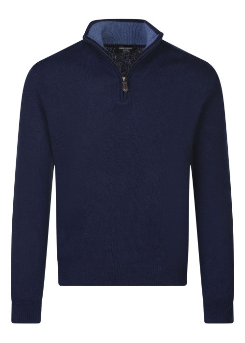 Pull Lambswool en laine bleu marine en maille grattée avec un col camionneur