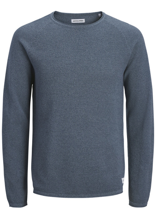 Pull en coton biologique bleu uni avec une coupe droite et un col montant