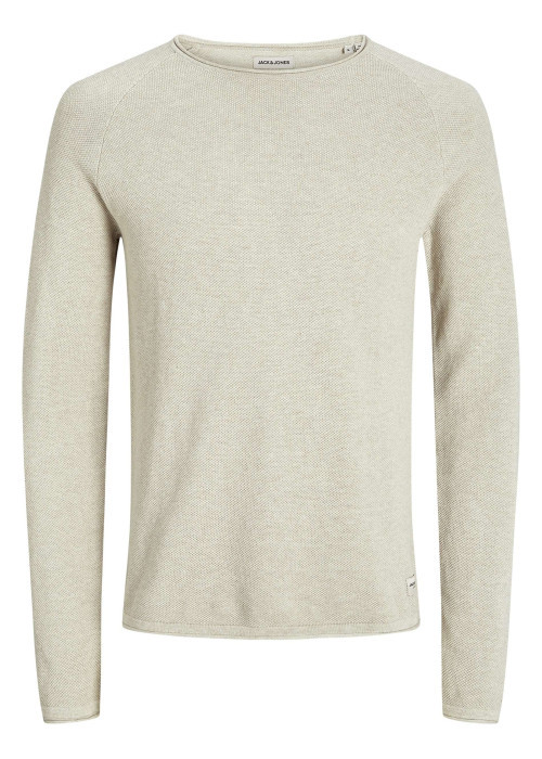 Pull en coton biologique beige uni avec une coupe droite et un col montant