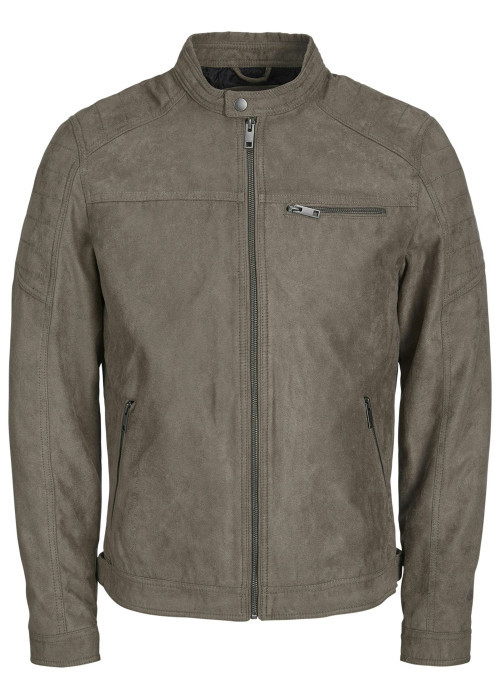 Blouson taupe uni effet daim avec une coupe droite et 3 poches zippées