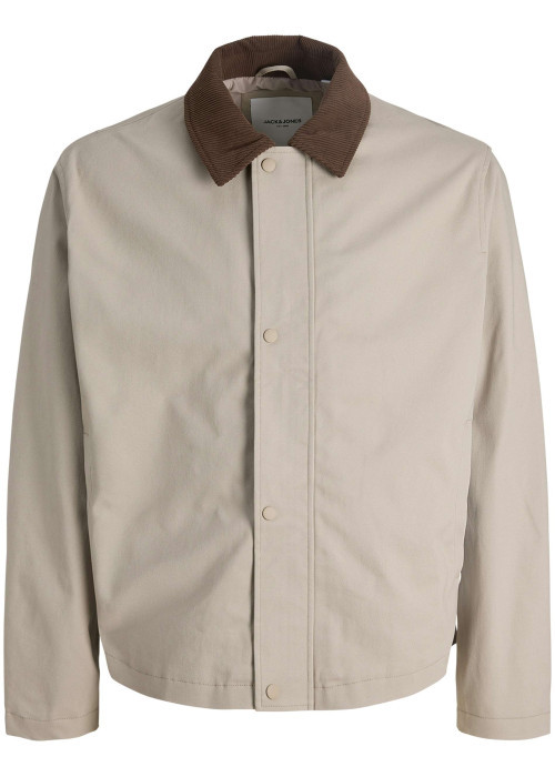 Blouson en coton beige uni avec un col à revers contrasté en velours
