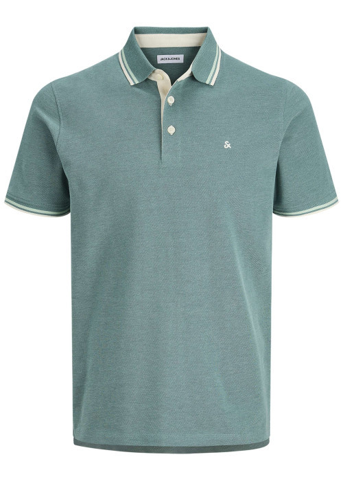 Polo en coton biologique bleu vert uni avec une coupe slim et un col à revers